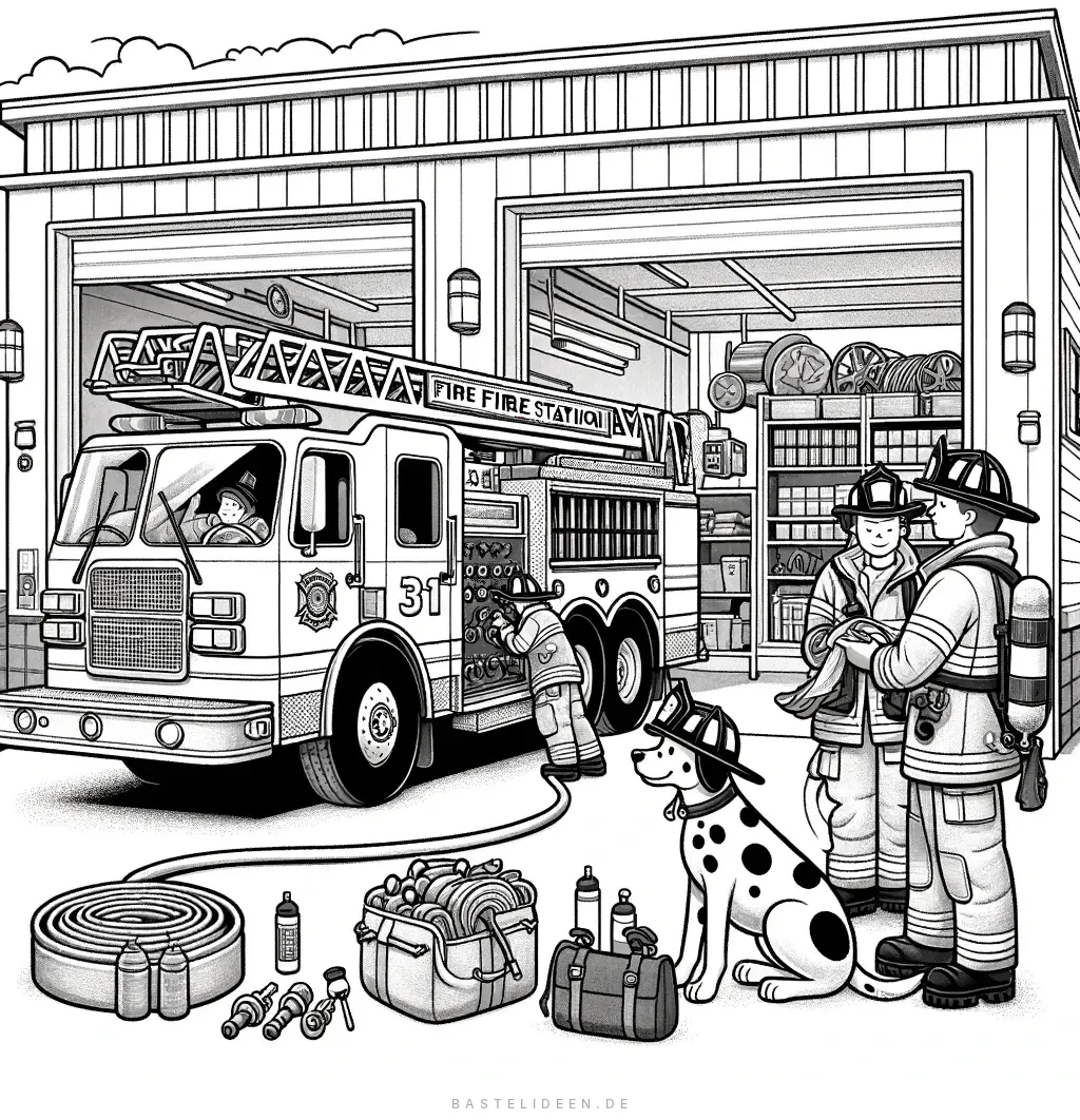 Feuerwache Garage mit Feuerwehrauto und Ausrüstung