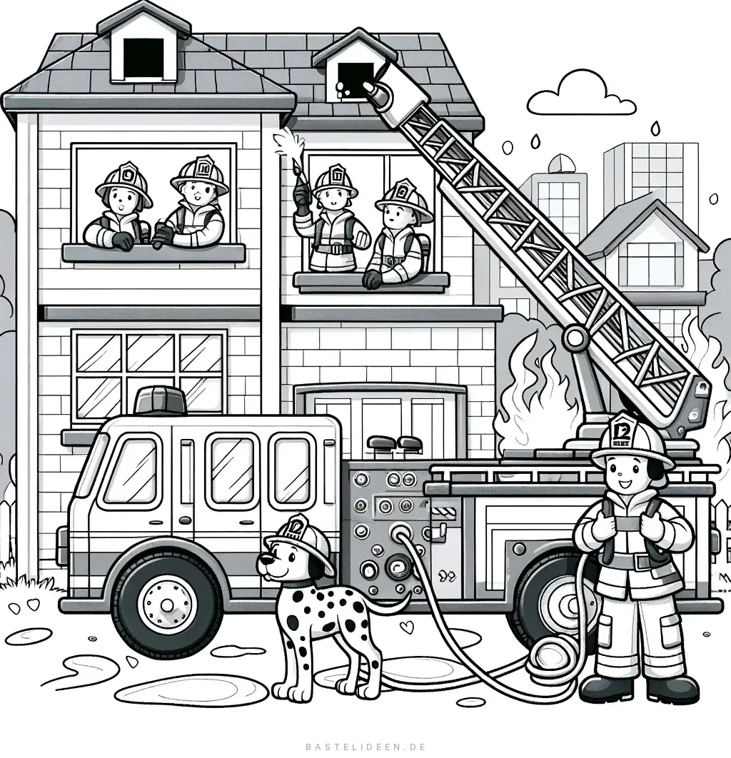 Feuerwehrauto mit Leiter rettet Menschen aus brennendem Haus