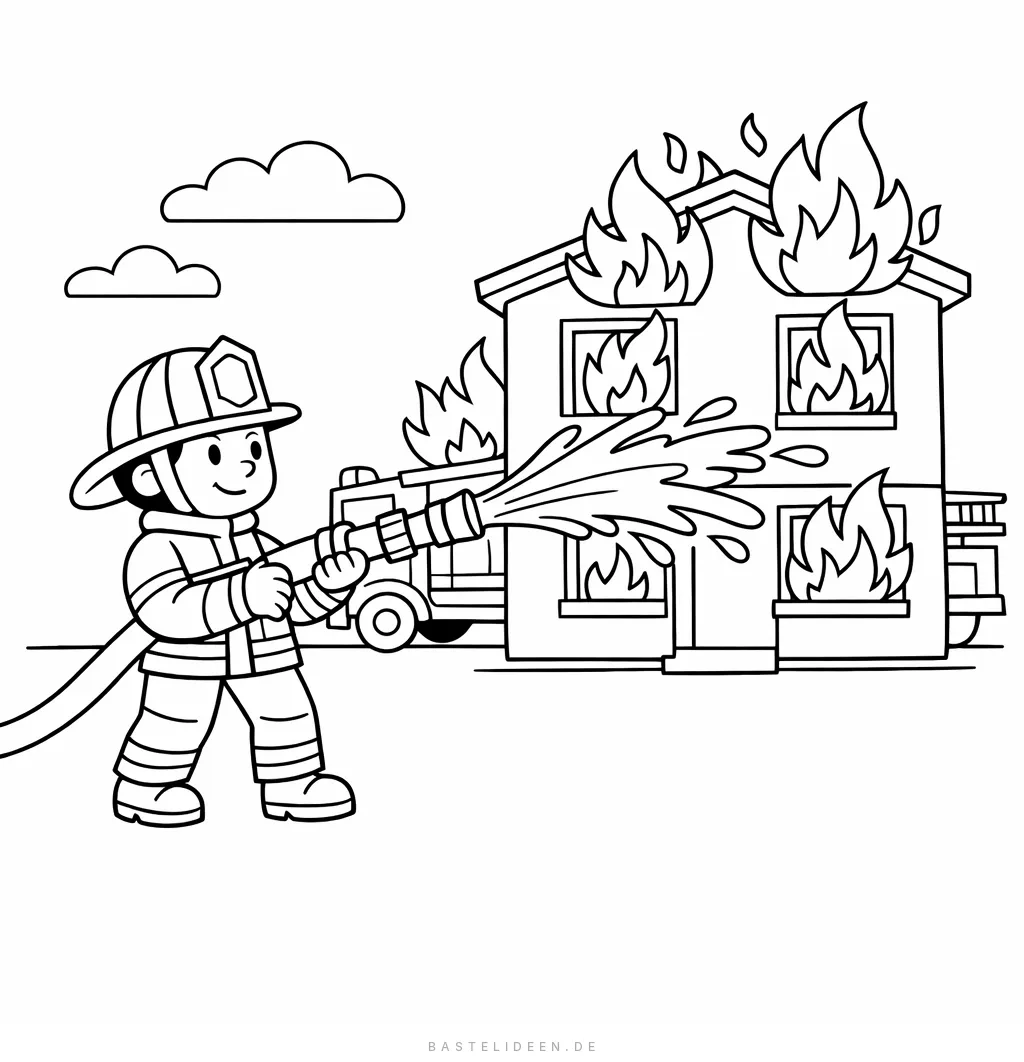 Feuerwehrmann löscht Brand mit Wasserschlauch