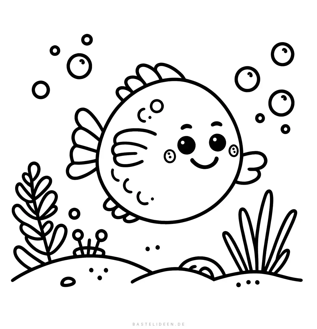 Fröhlicher Fisch mit Lächeln zwischen Blasen und Wasserpflanzen