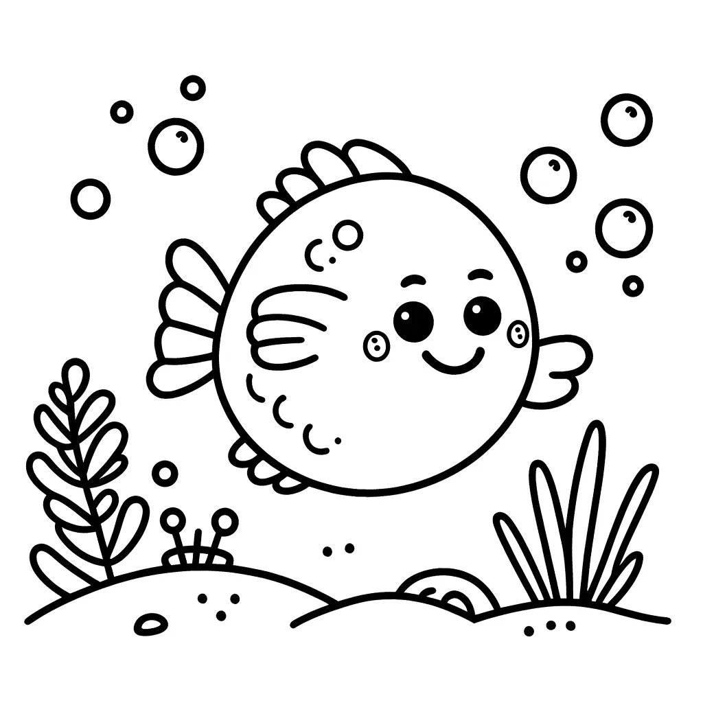 Fröhlicher Fisch mit Lächeln zwischen Blasen und Wasserpflanzen