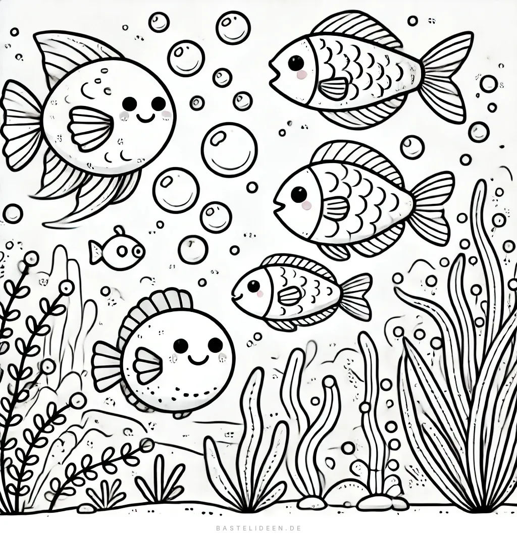 Niedliche lachende Fische mit Blasen und Wasserpflanzen