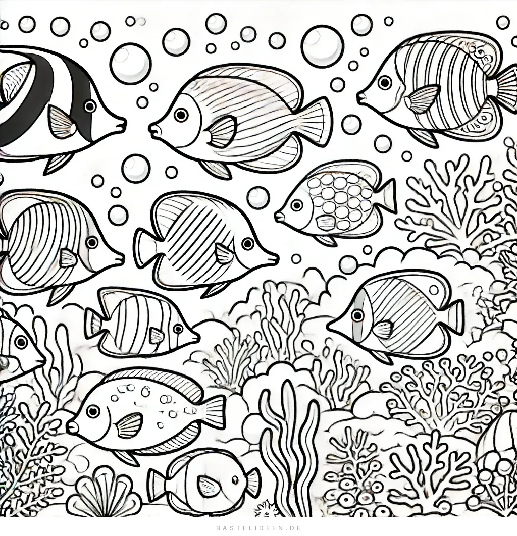 Verschiedene tropische Fische schwimmen zwischen Korallen