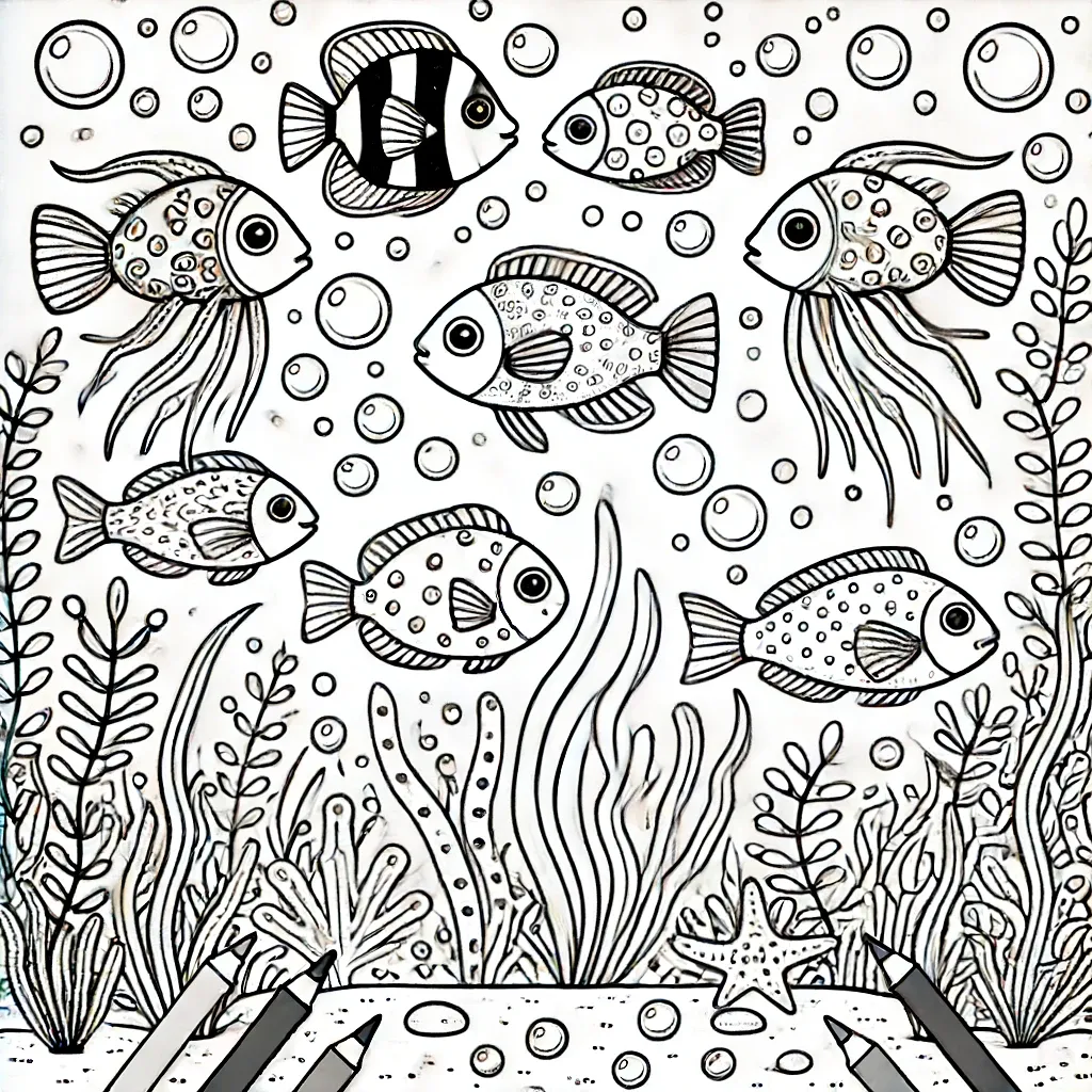 Bunte Fische schwimmen zwischen Seegras und Luftblasen