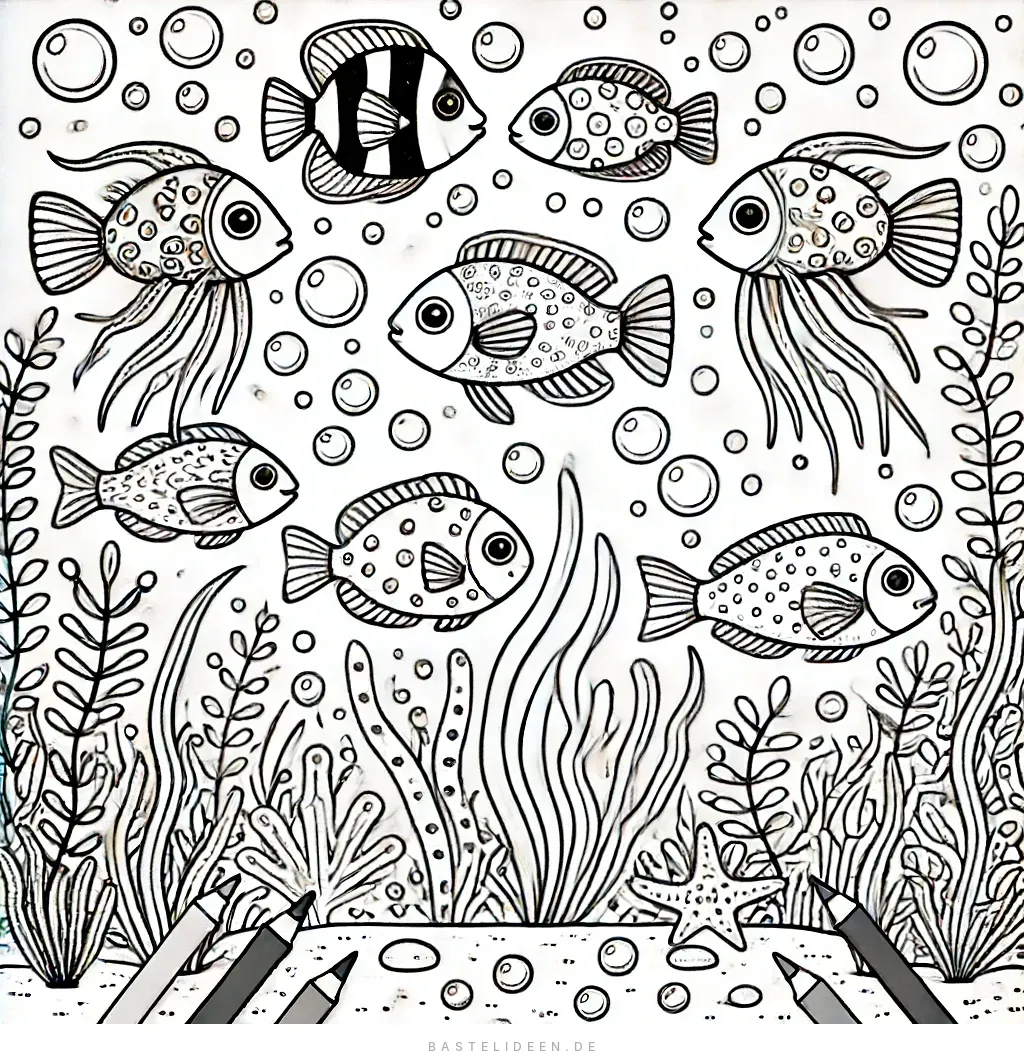 Bunte Fische schwimmen zwischen Seegras und Luftblasen