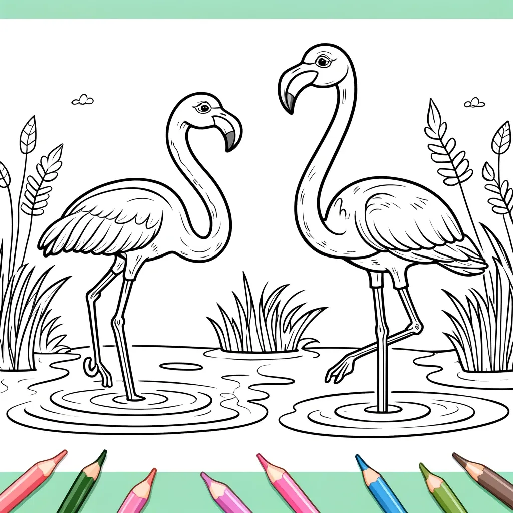 Zwei Flamingos im Teich mit Pflanzen