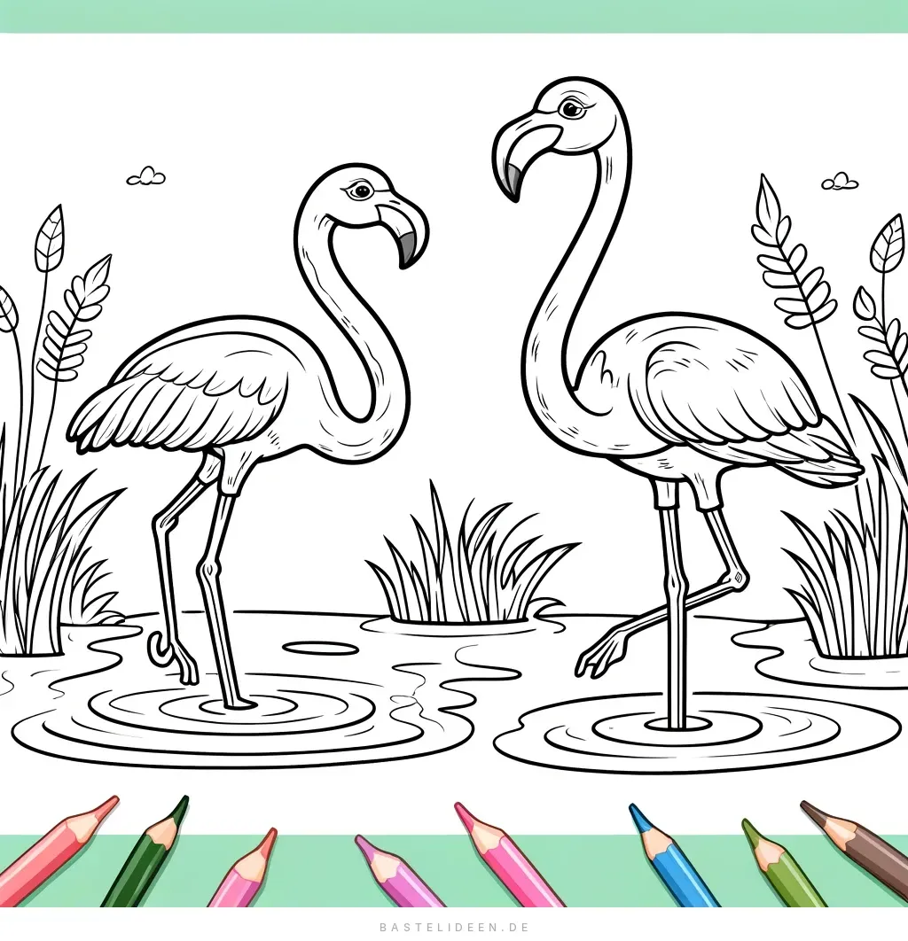 Zwei Flamingos im Teich mit Pflanzen