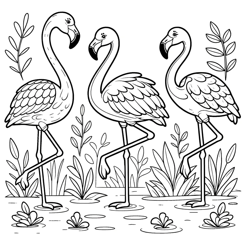 Drei Flamingos im Feuchtgebiet mit Pflanzen