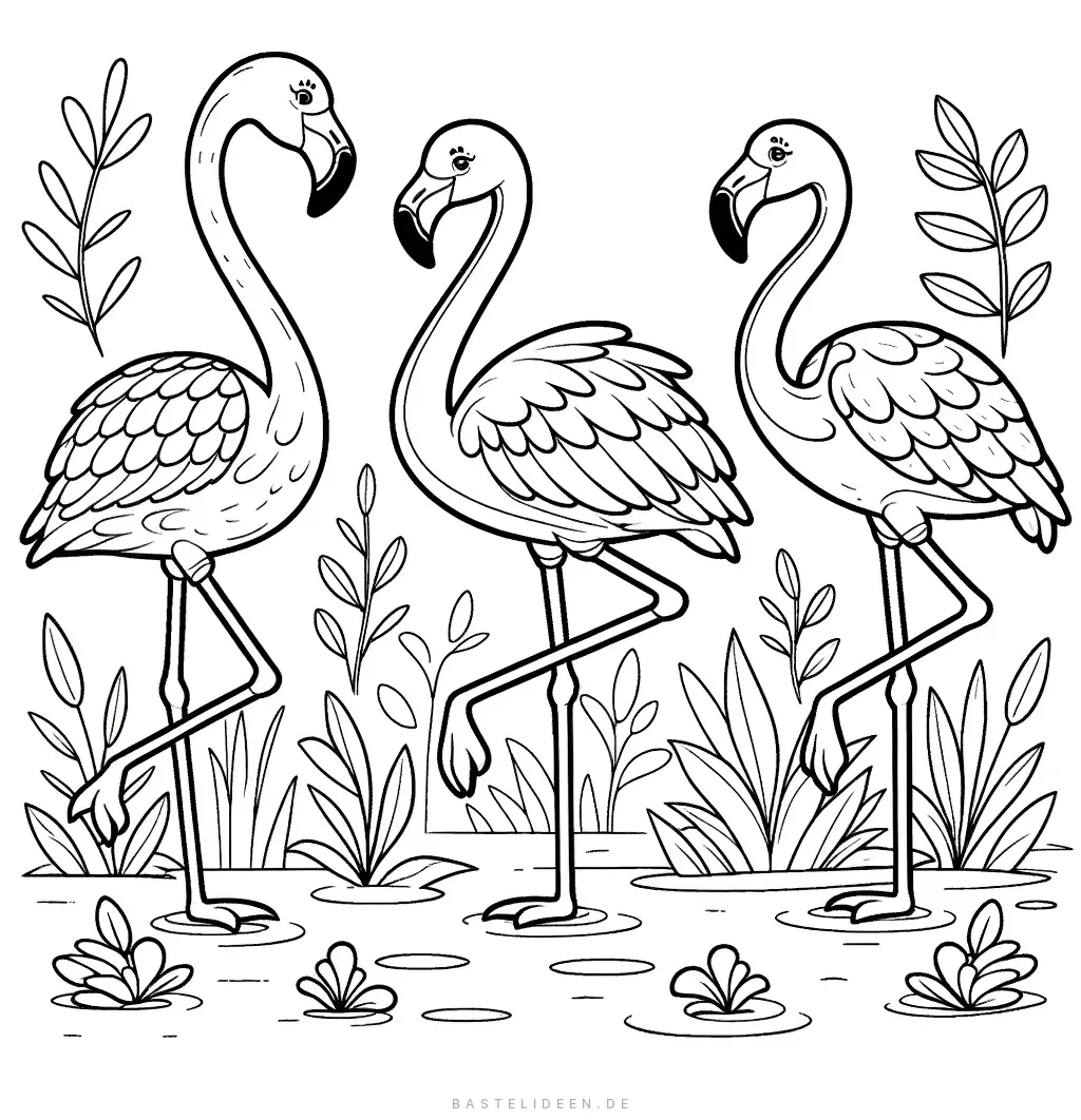 Drei Flamingos im Feuchtgebiet mit Pflanzen