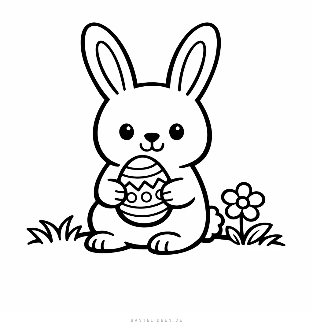 Niedlicher Osterhase hält verziertes Osterei im Gras mit Blume