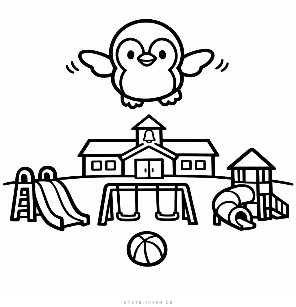 Süßer Pinguin fliegt über den Schulhof