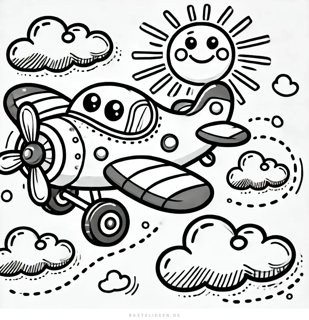 Propellerflugzeug mit lachender Sonne und flauschigen Wolken