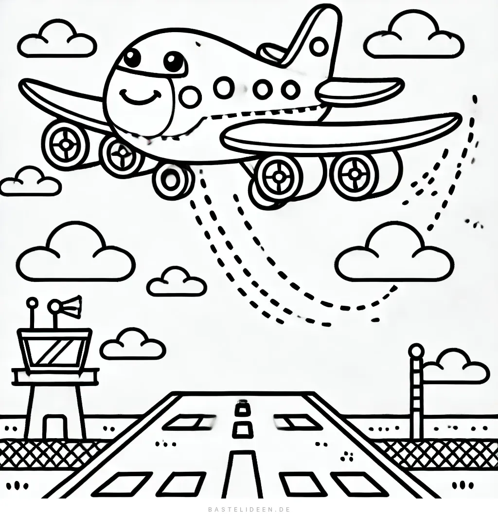 Fröhliches Flugzeug hebt von Landebahn ab mit Kontrollturm im Hintergrund