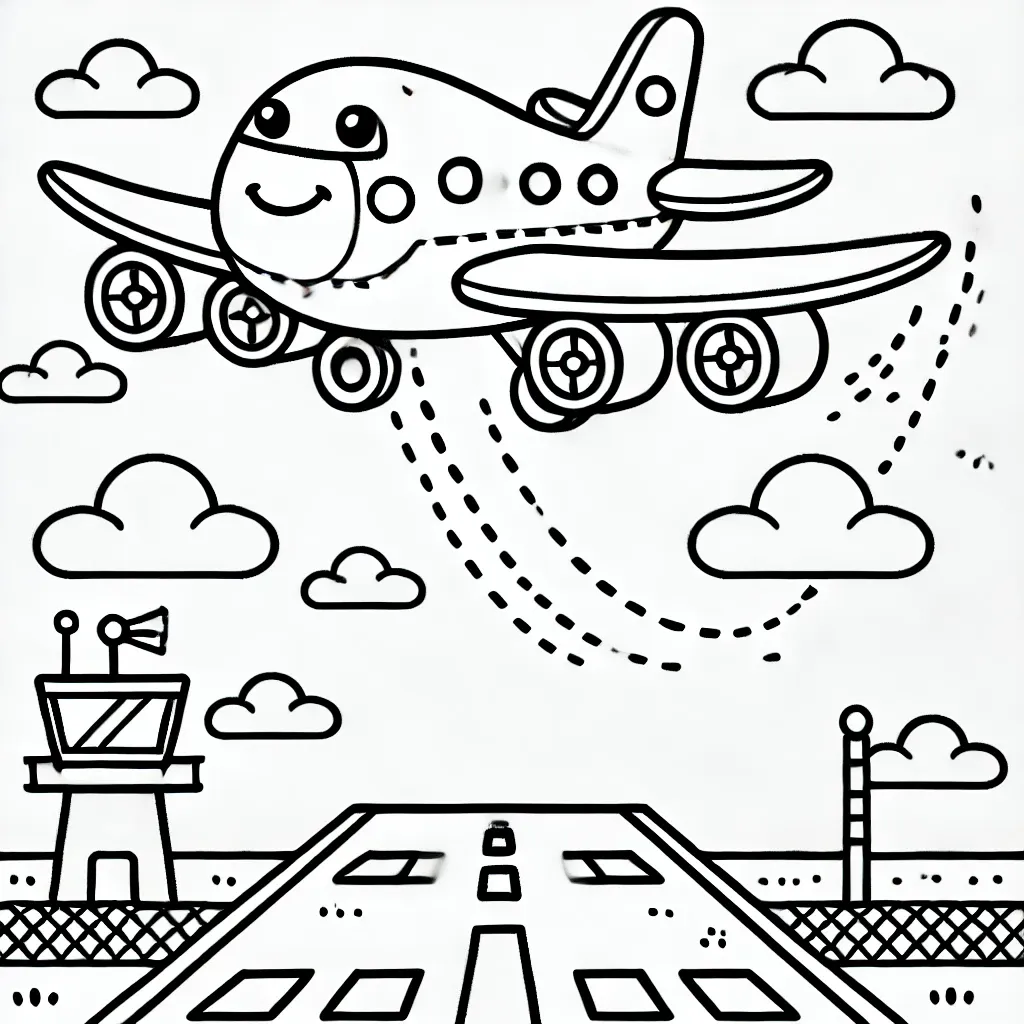 Fröhliches Flugzeug hebt von Landebahn ab mit Kontrollturm im Hintergrund