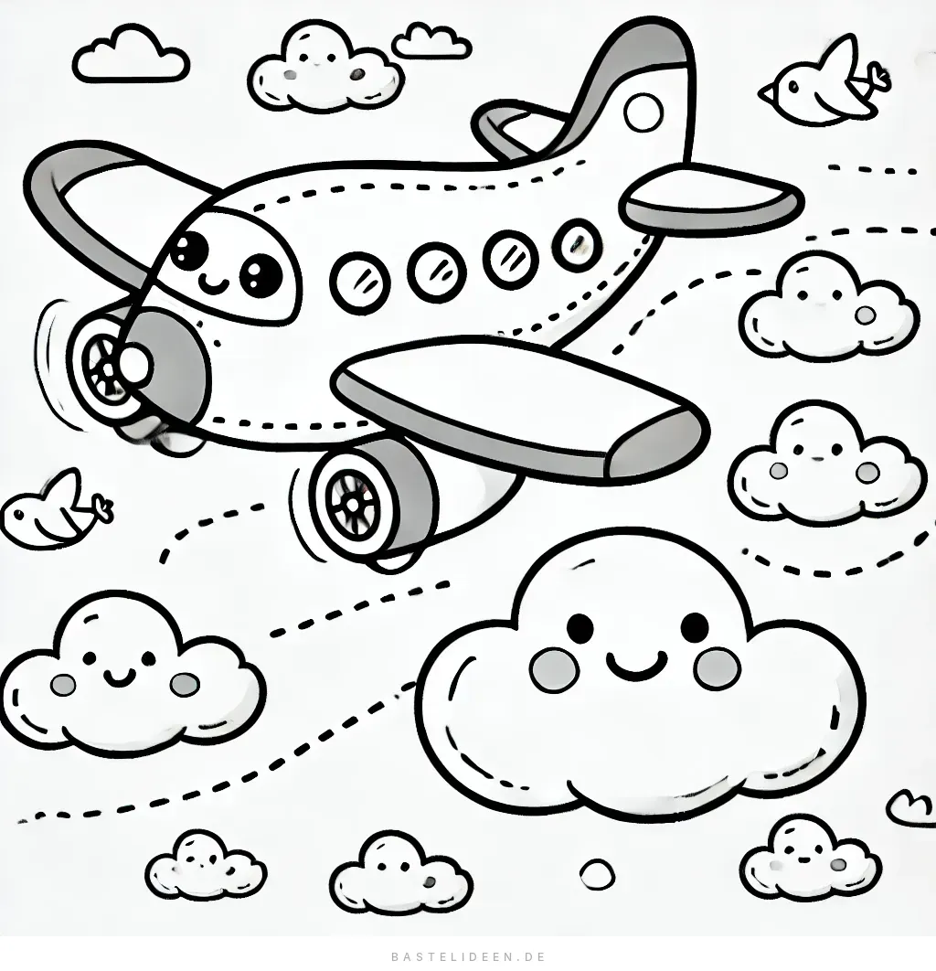 Lachendes Flugzeug umgeben von fröhlichen Wolken und kleinen Vögeln