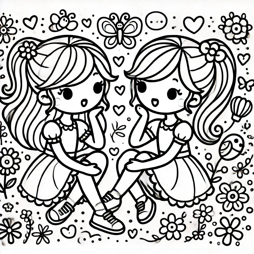 Freundinnen sitzend mit Herzen und Schmetterlingen