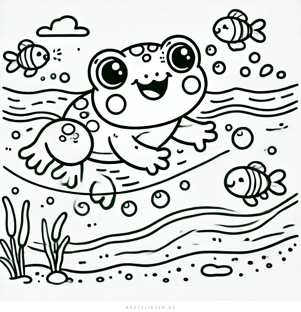Frosch schwimmt mit Fischen unter Wasser