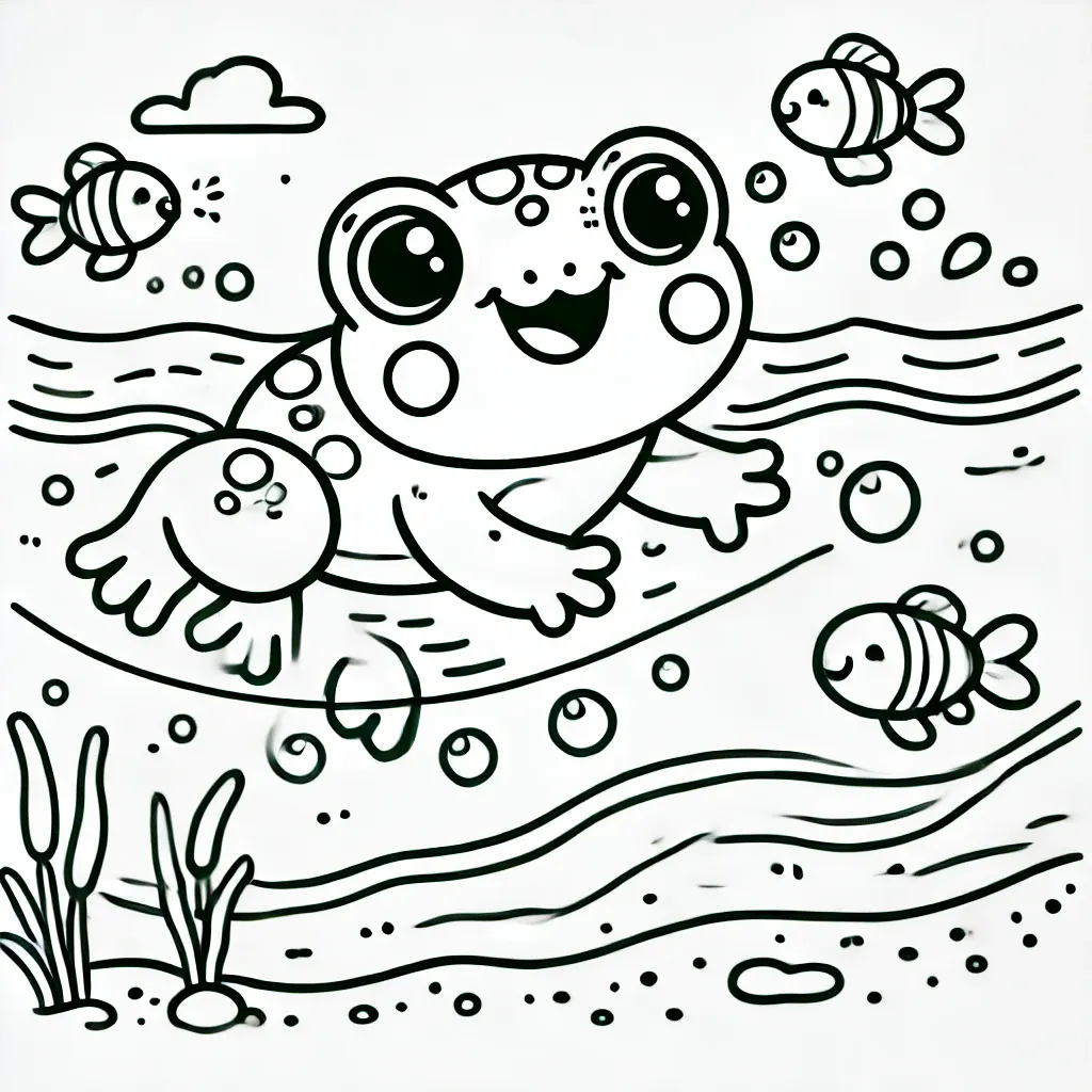 Frosch schwimmt mit Fischen unter Wasser
