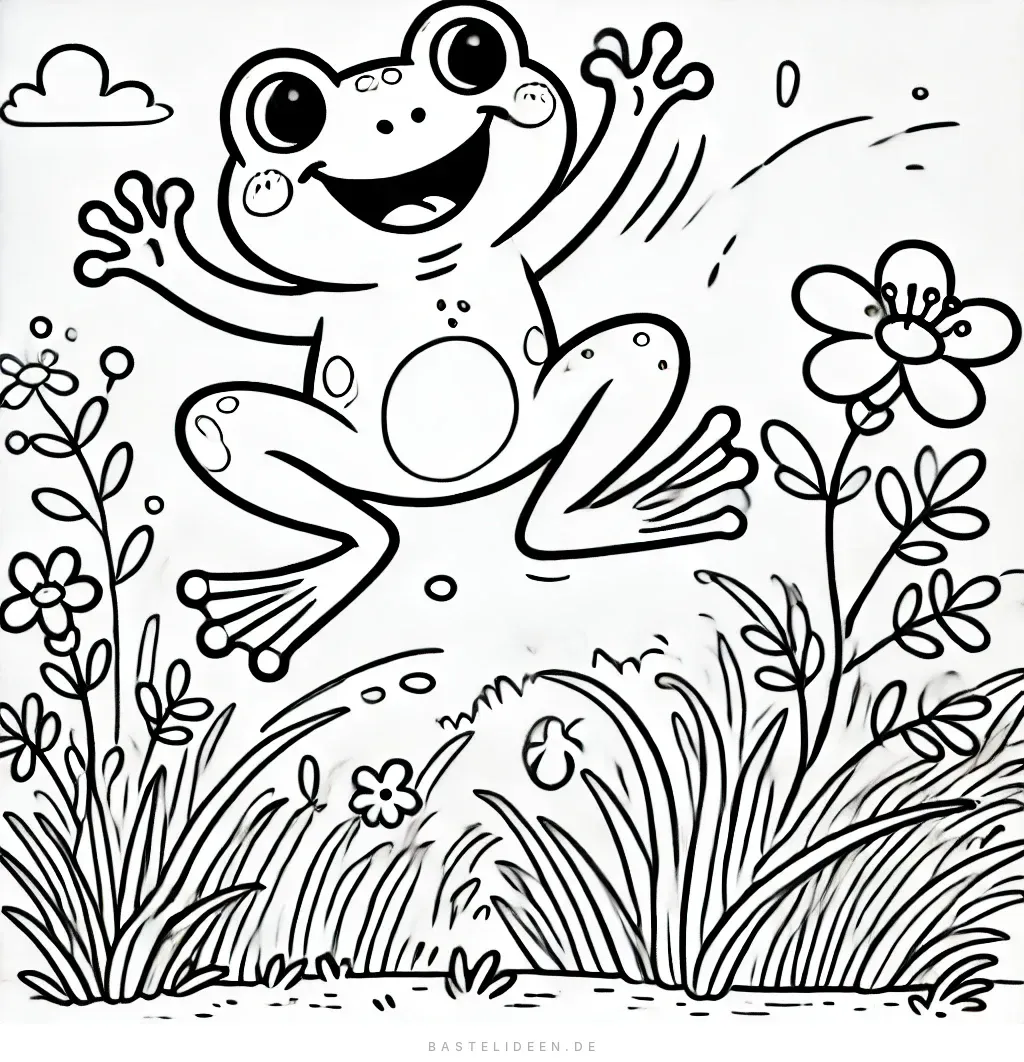 Frosch springt durch blühende Wiese