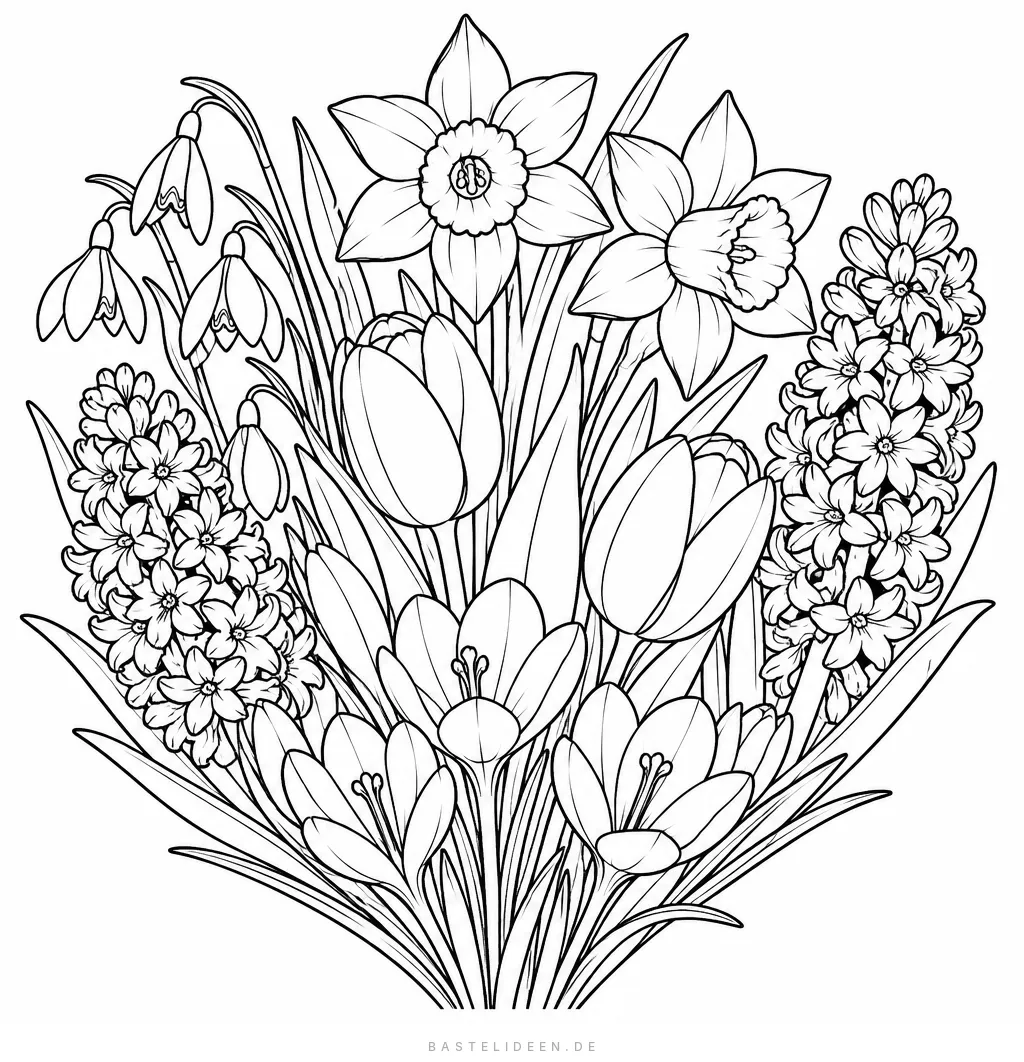 Schneeglöckchen, Krokusse, Narzissen, Tulpen und Hyazinthen in einem Strauß