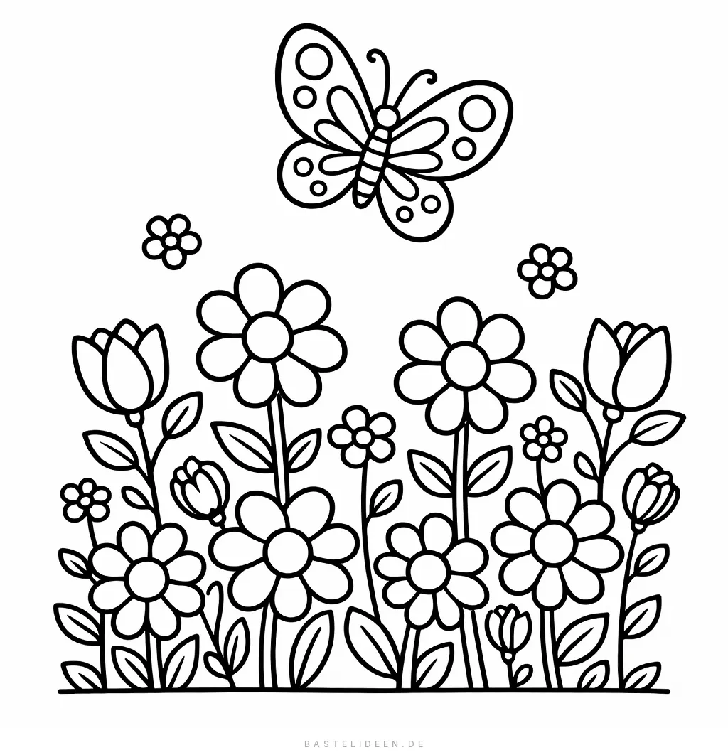 Bunter Blumengarten mit flatterndem Schmetterling