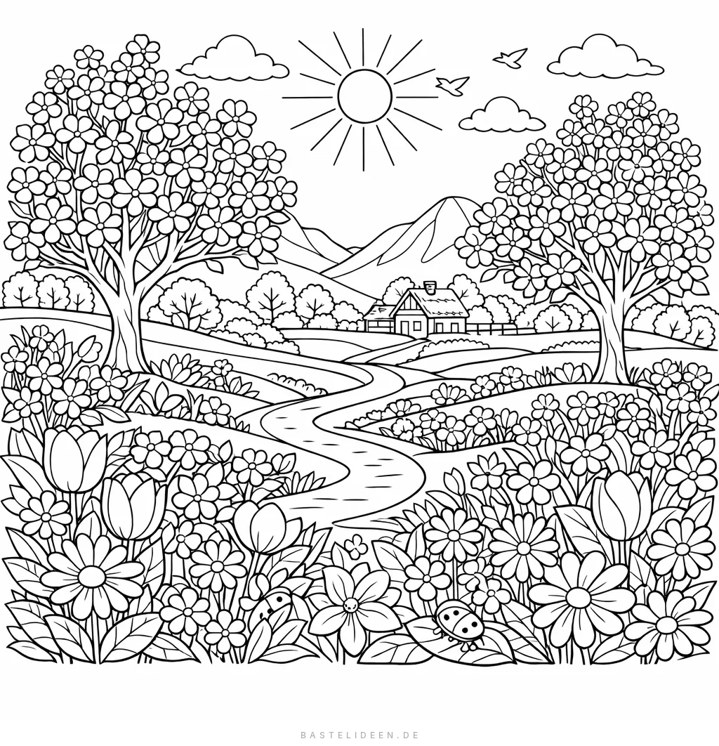 Detaillierte Frühlingslandschaft mit Blumen und Bäumen
