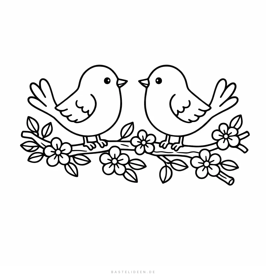 Zwei Vögel sitzen auf einem blühenden Ast
