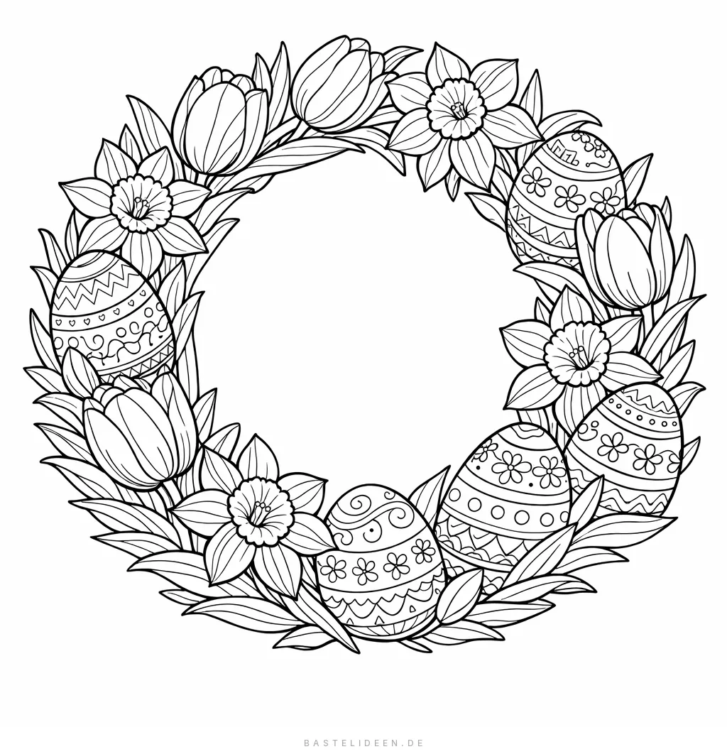 Runder Blumenkranz aus Tulpen und Narzissen mit verzierten Ostereiern