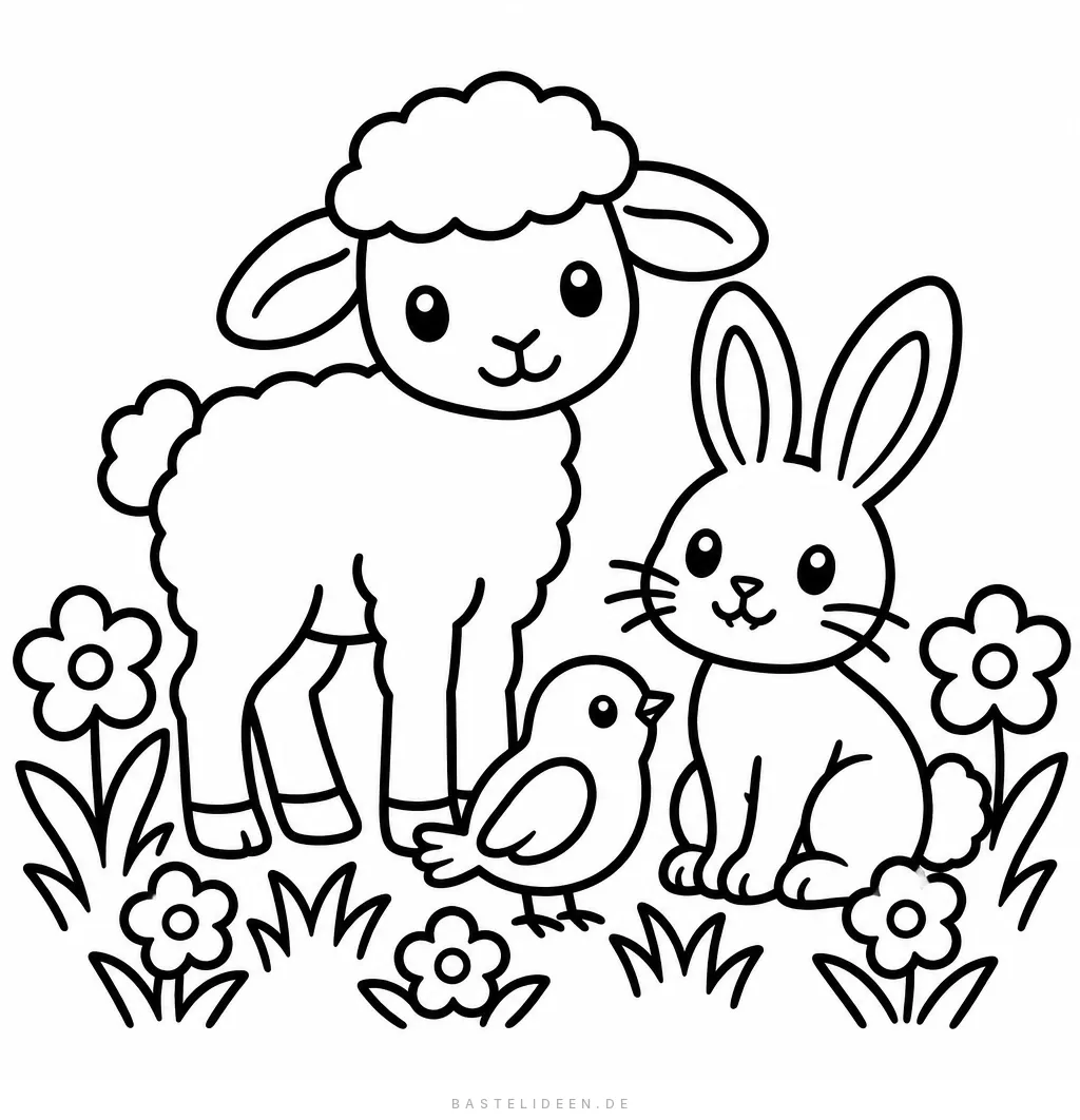 Lamm, Hase und Vogel auf einer Blumenwiese