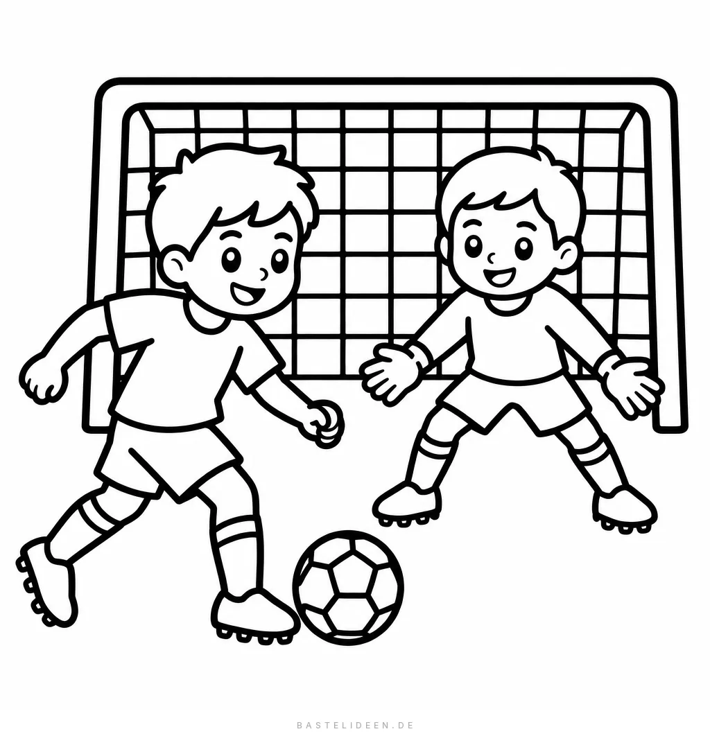 Zwei Kinder spielen Fußball vor einem Tor