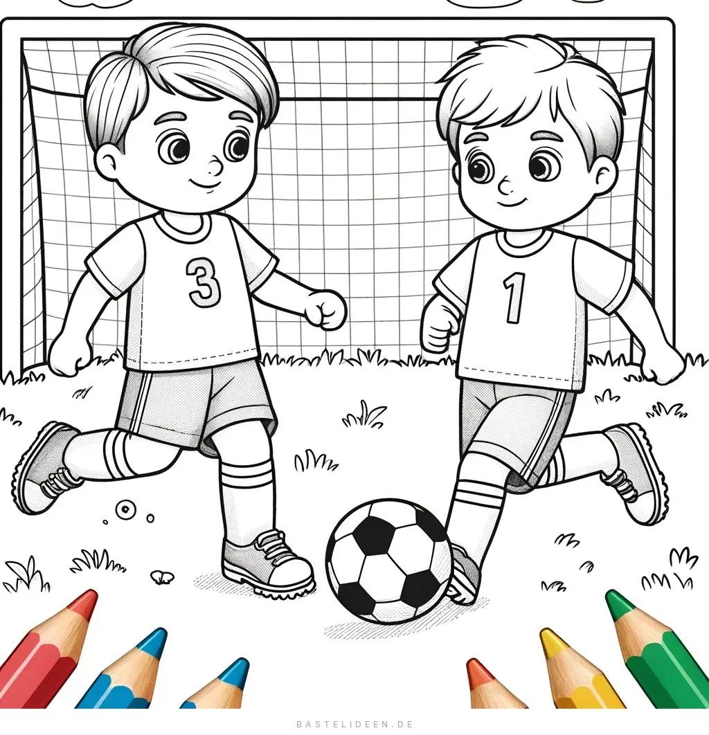 Zwei Kinder spielen Fußball vor einem Tor