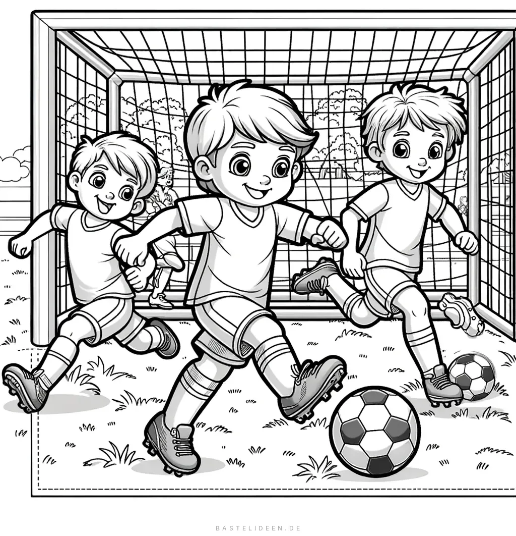 Drei Kinder laufen mit dem Ball aufs Tor zu