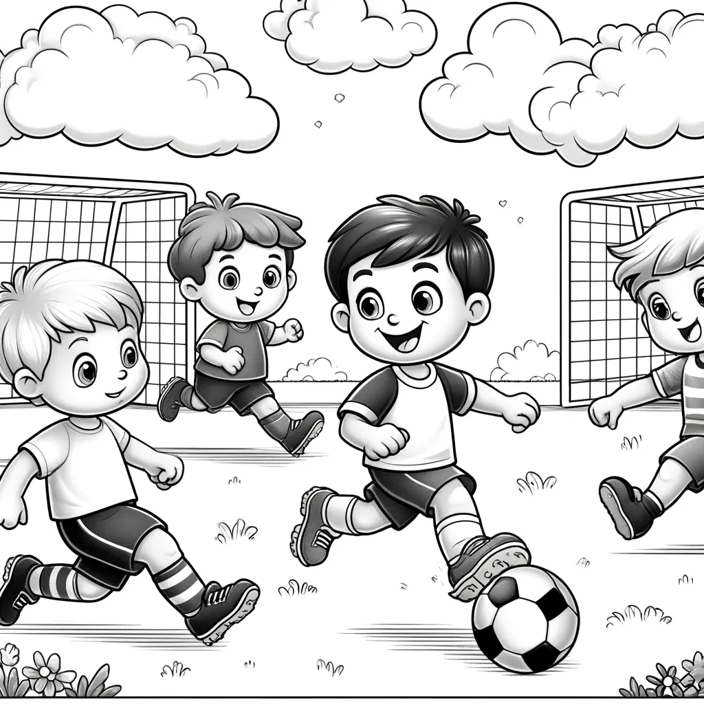 Gruppe von Kindern spielt Fußball auf einem Spielfeld mit Wolken