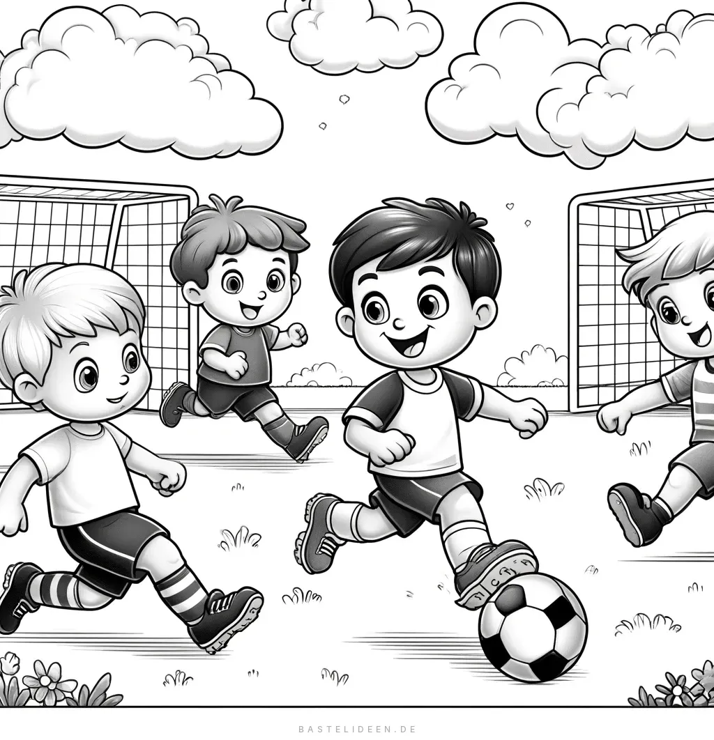 Gruppe von Kindern spielt Fußball auf einem Spielfeld mit Wolken