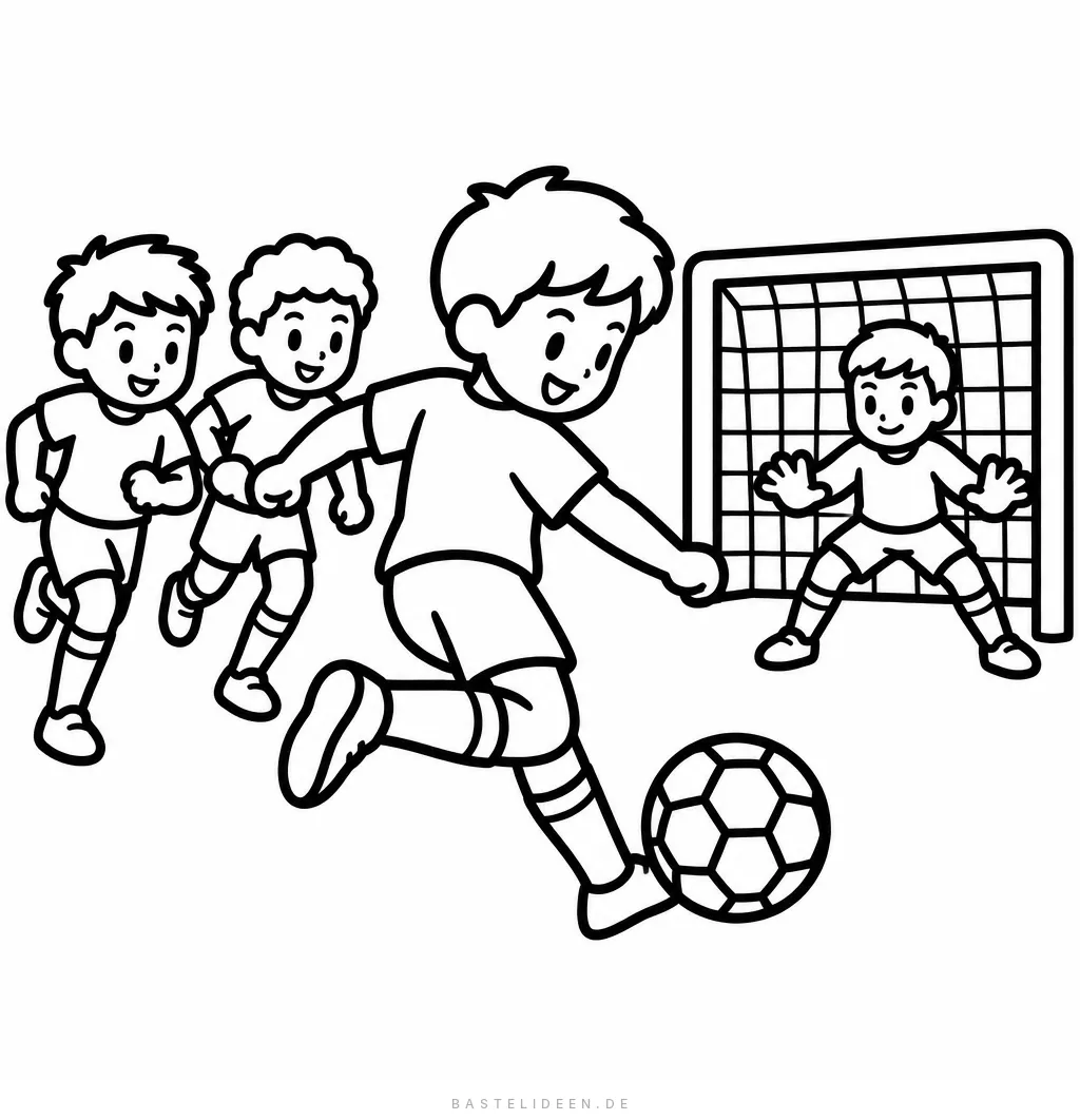 Kinder jagen dem Ball hinterher, ein Torwart im Tor