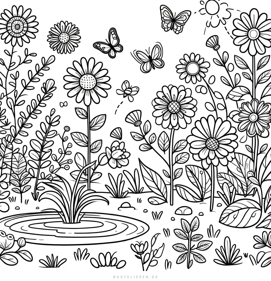 Verspielter Garten mit Blumen und Teich