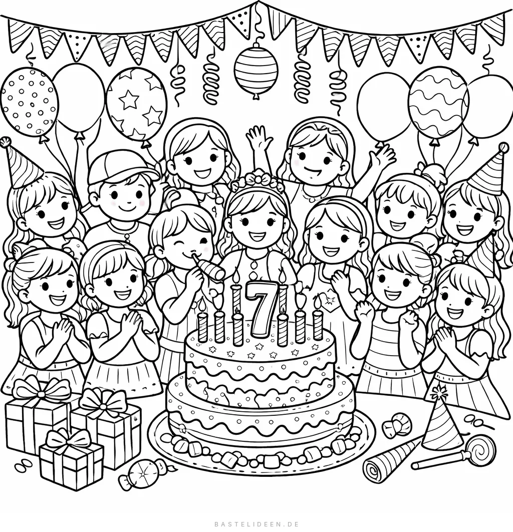 13 Kinder feiern 7. Geburtstag mit Torte, Kerzen, Luftballons und Geschenken