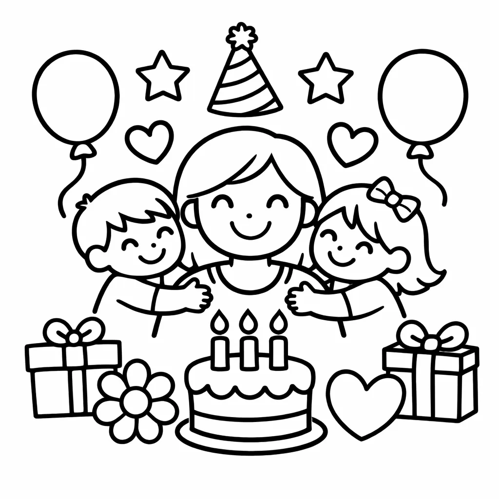 Mama mit zwei Kindern feiert Geburtstag mit Torte, Luftballons und Geschenken