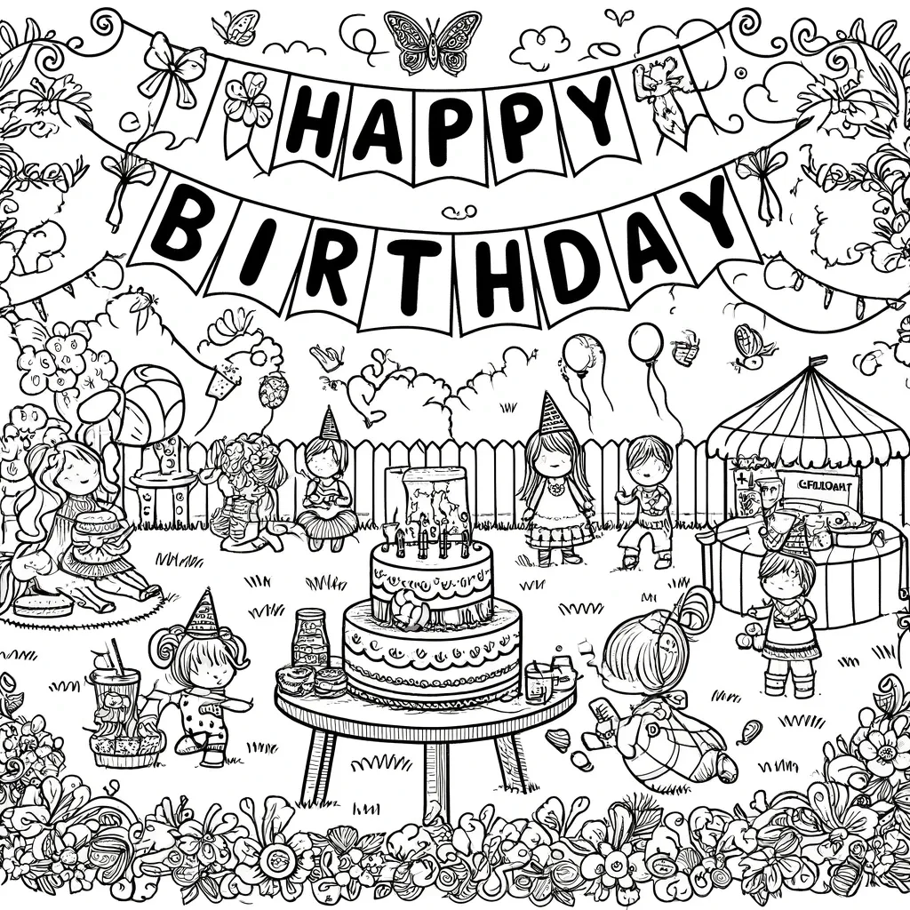 Kinder mit Partyhueten um dekorierte Torte