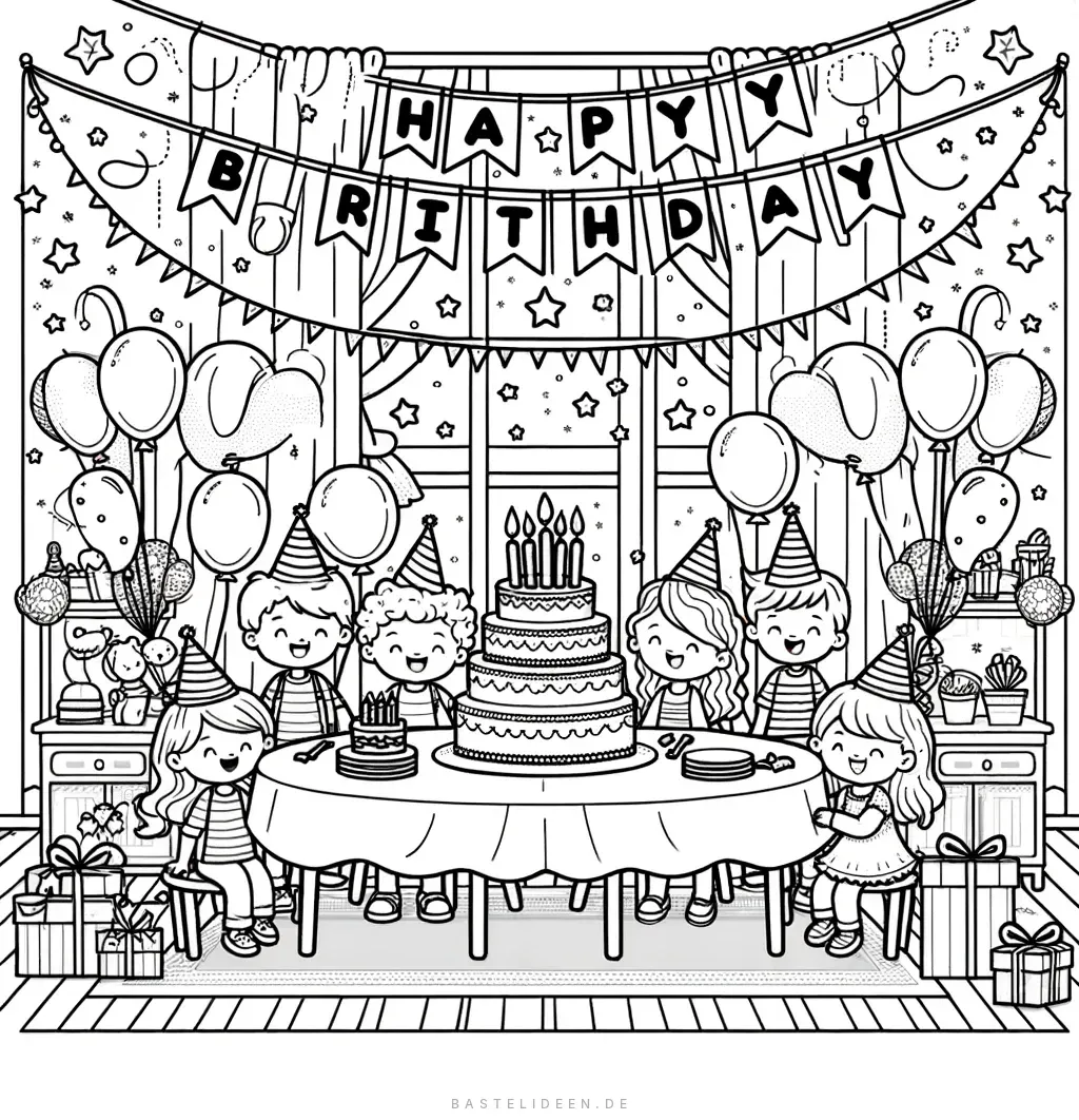 Fröhliche Kinder mit Partyhüten und Ballons