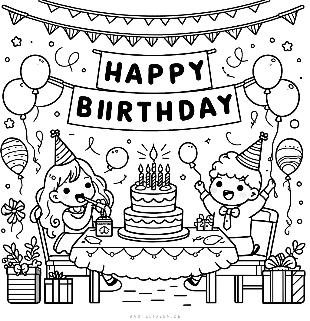 Kinder feiern Geburtstag mit Torte und Ballons