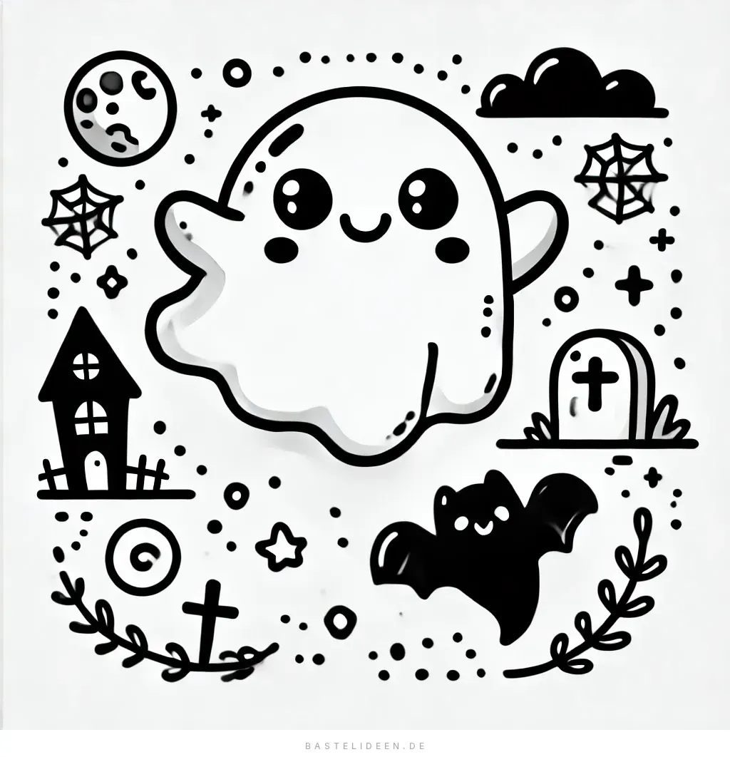 Geist neben Spukhaus mit Fledermaus und Spinnennetzen