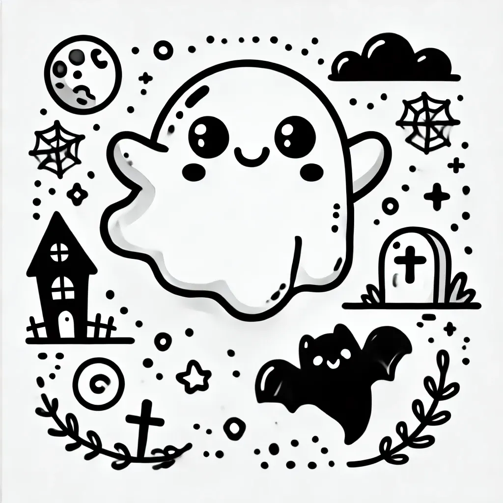 Geist neben Spukhaus mit Fledermaus und Spinnennetzen