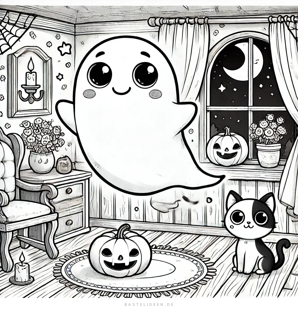 Freundlicher Geist im Zimmer mit Katze und Kürbis am Fenster