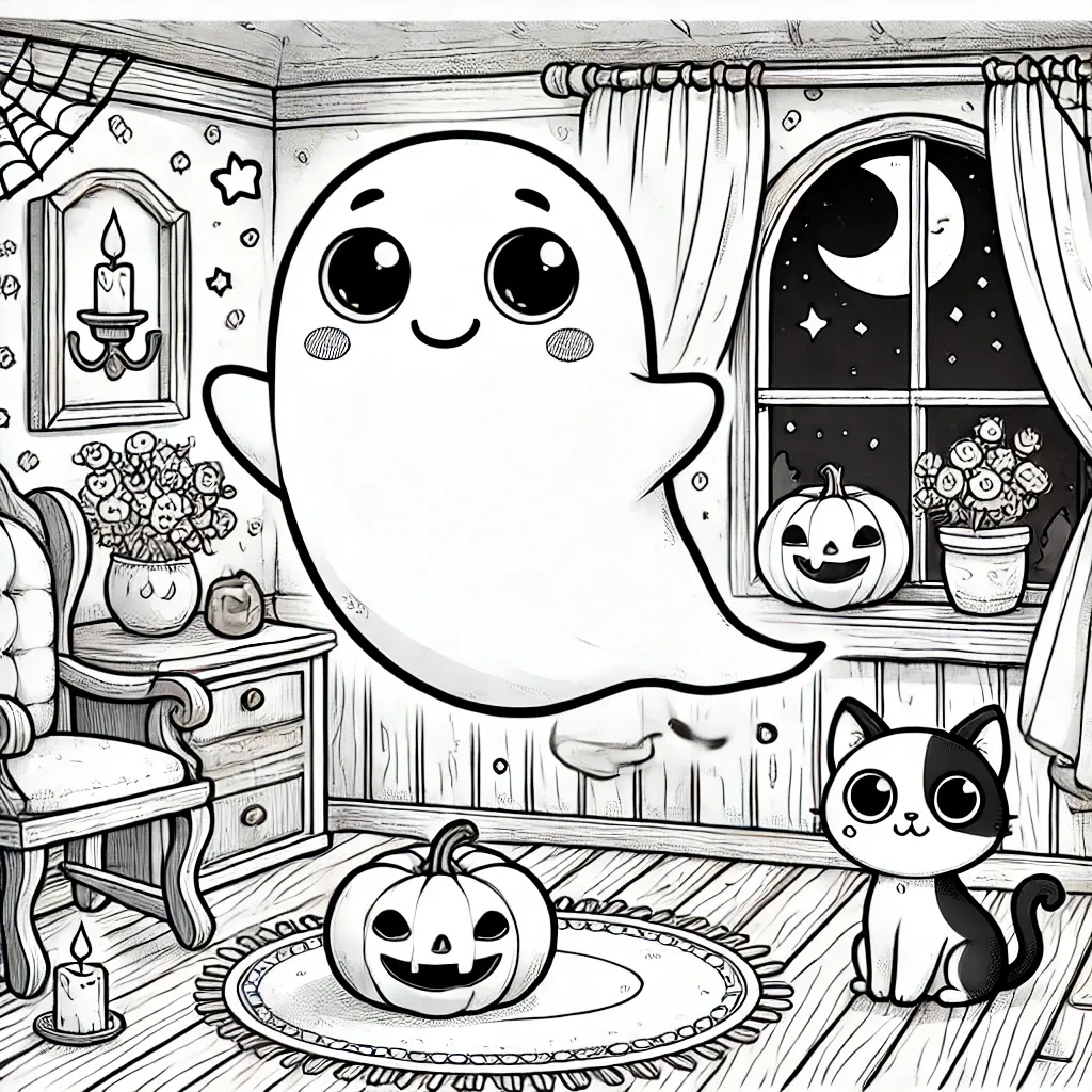 Freundlicher Geist im Zimmer mit Katze und Kürbis am Fenster