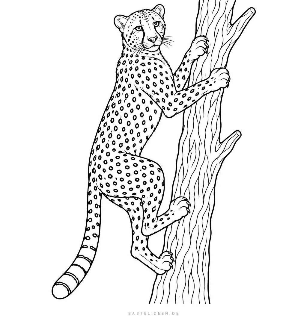 Gepard klettert an einem Baumstamm hinauf