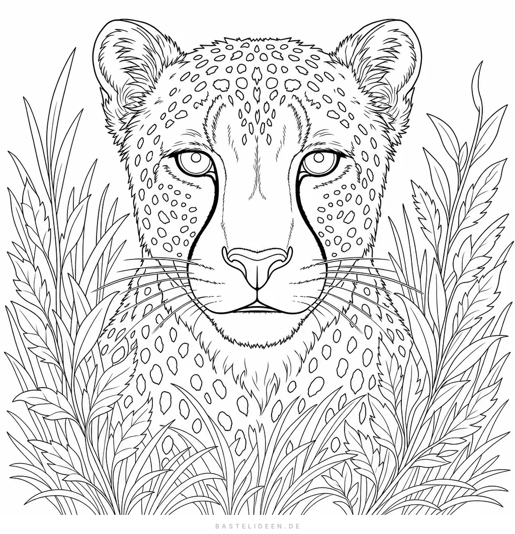 Gepardenkopf von vorn mit Fleckenmuster und Tränenstreifen, umrahmt von Gräsern und Blättern