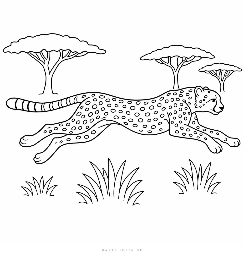 Gepard rennt mit gestreckten Beinen durch die Savanne, Akazien im Hintergrund