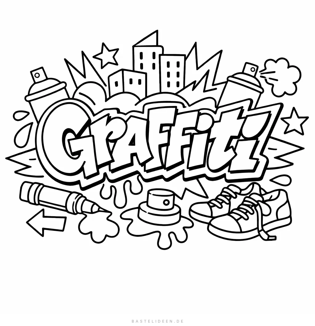 Graffiti-Schriftzug mit Spraydosen, Sneakern, Sternen und Skyline