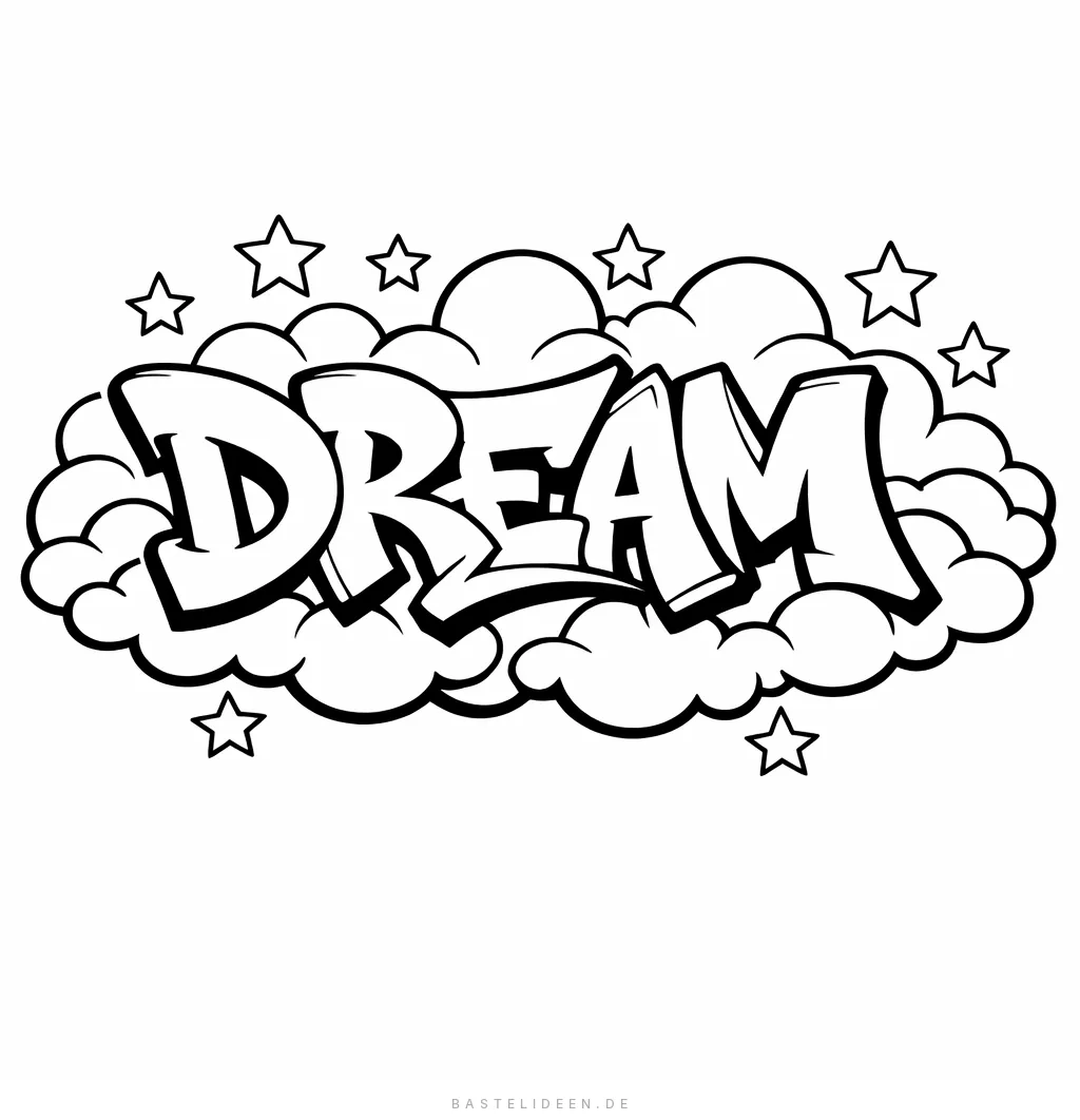 DREAM Schriftzug im Graffiti-Stil mit Wolken und Sternen